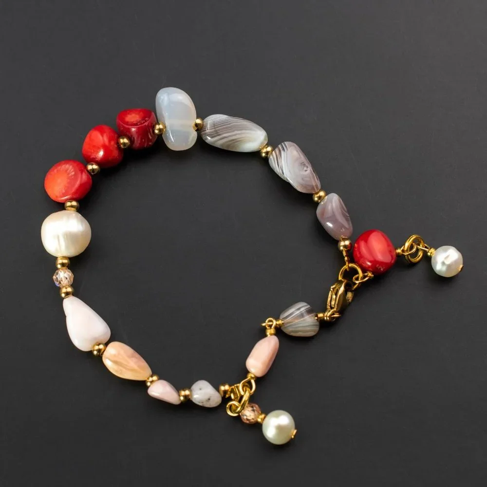 Mismatched beaded bracelet, red coral and pearl bracelet handmade